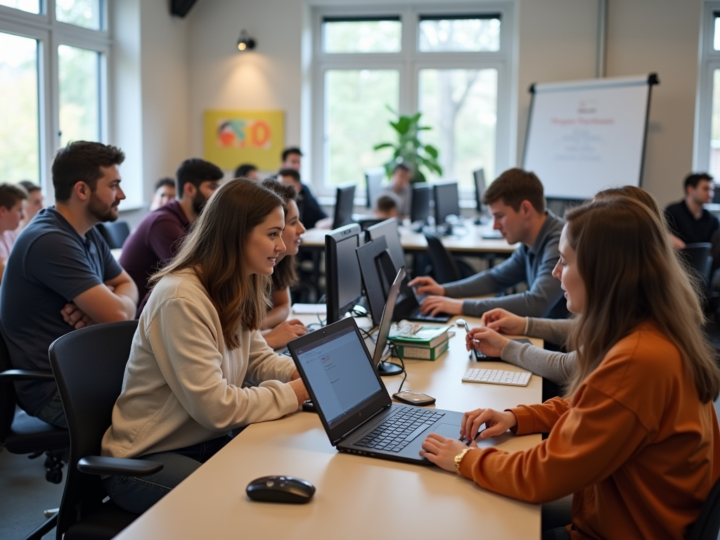 A group of students collaborate at computers in a bright classroom setting, discussing work and engaging with each other.