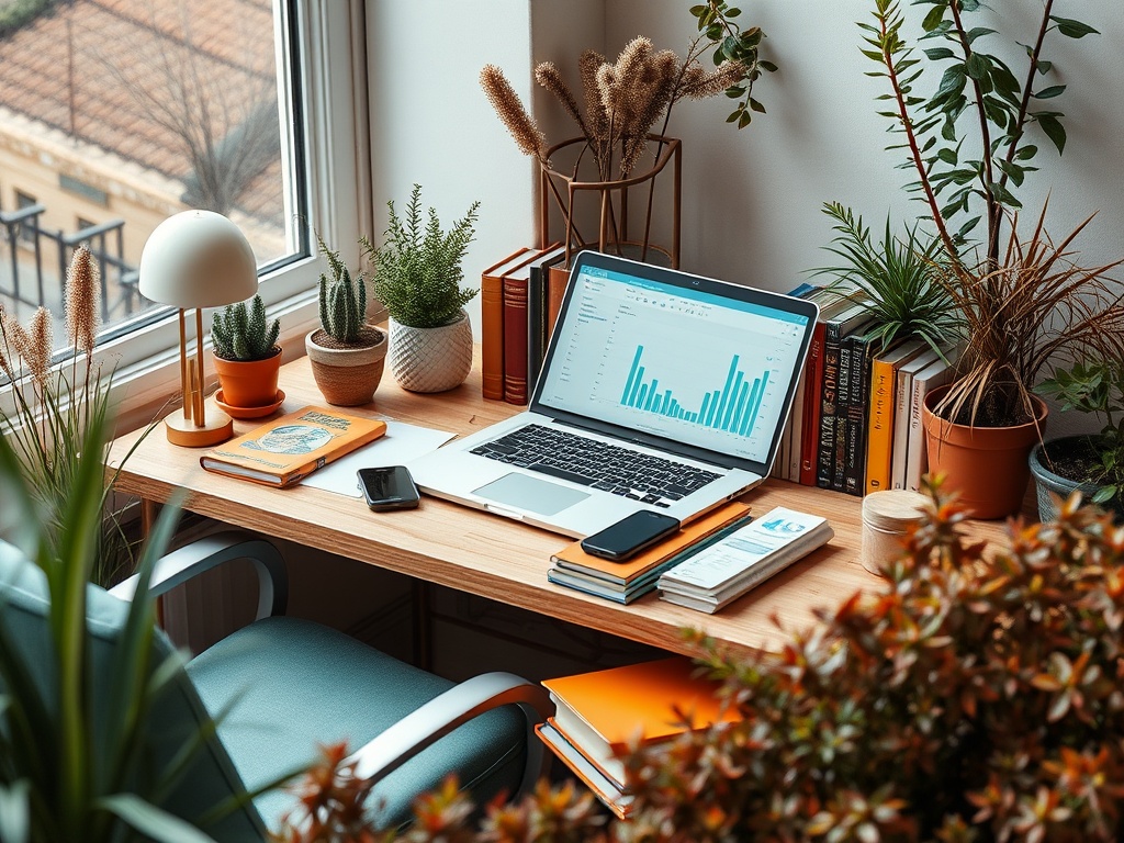 A cozy workspace with a laptop displaying graphs, surrounded by plants, books, and stationery on a wooden desk.