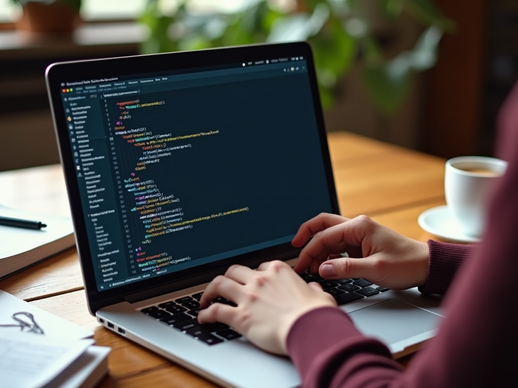 Person coding on a laptop with programming code visible on the screen, a coffee cup beside them.