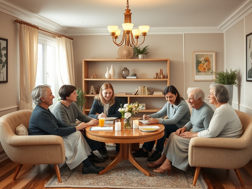 A group of six people, including seniors, gathered around a table, engaging in conversation and activities in a cozy room.