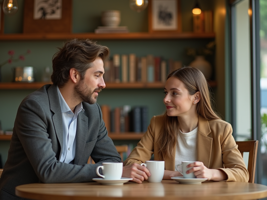 A man and a woman conversing over coffee in a cozy café setting.