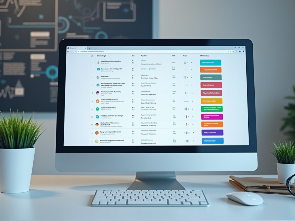 A computer monitor displays a dashboard with a list of items and options, set against a modern workspace backdrop.