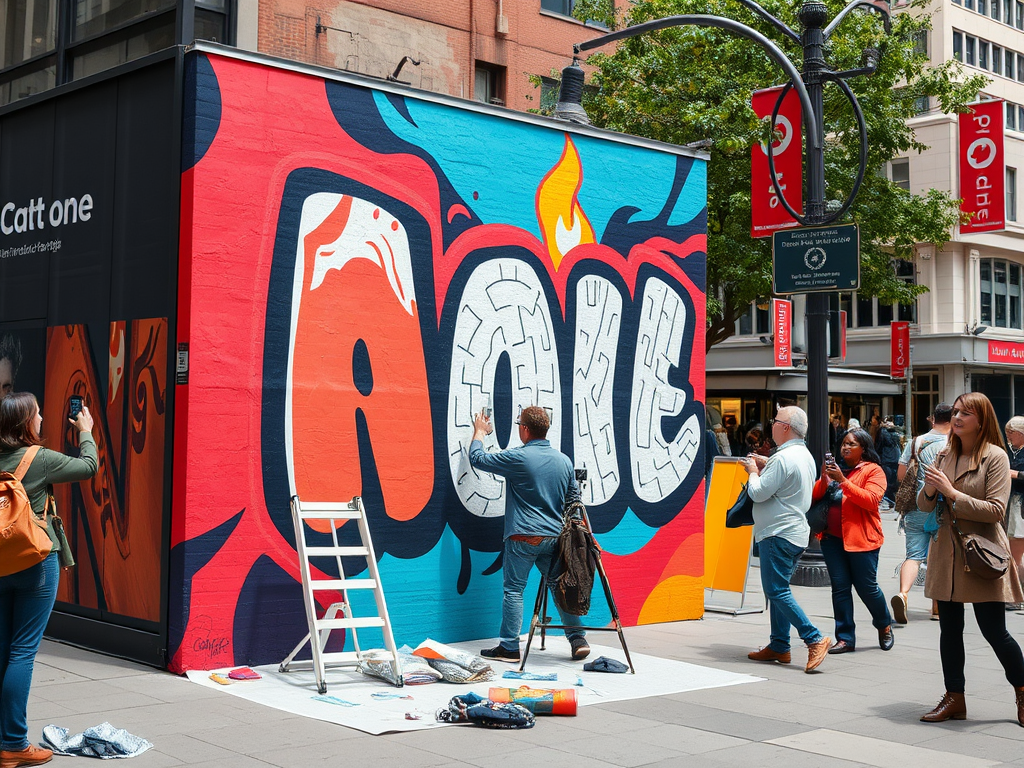 A vibrant mural is being painted in a busy urban setting, with onlookers taking photos and enjoying the art.