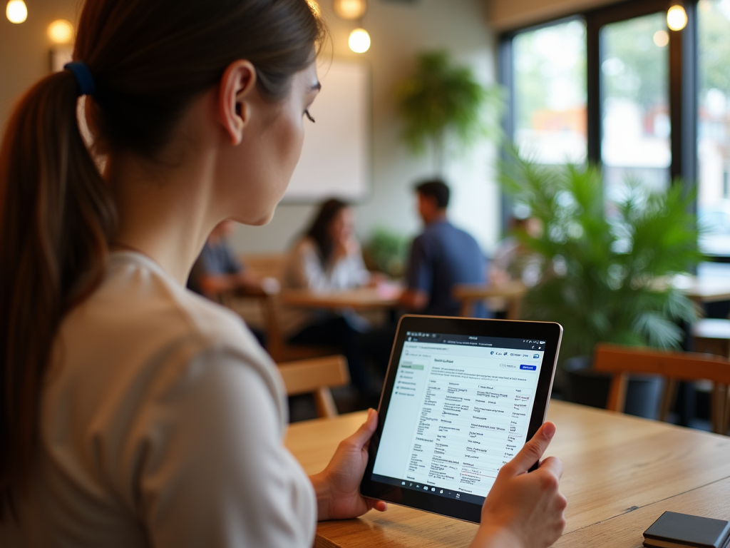 A woman views information on a tablet while seated at a café, with people in the background engaged in conversation.