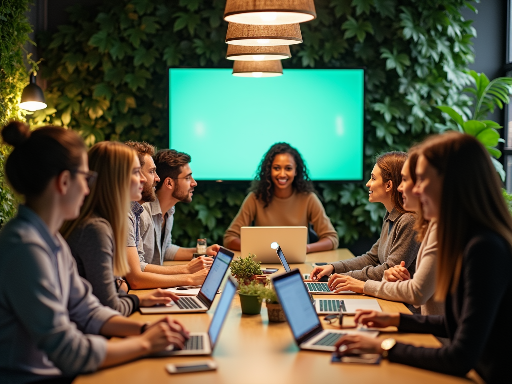 Diverse group of professionals engaged in a meeting around a table with laptops and a green screen.