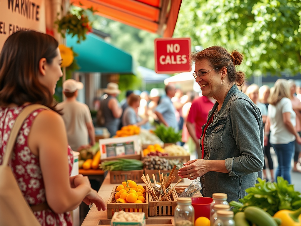 A cheerful vendor interacts with a customer at a vibrant outdoor market filled with fresh produce.