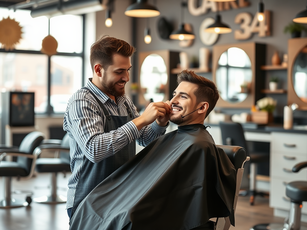 A barber adjusting a client's hair in a modern salon, both smiling as they engage in conversation.