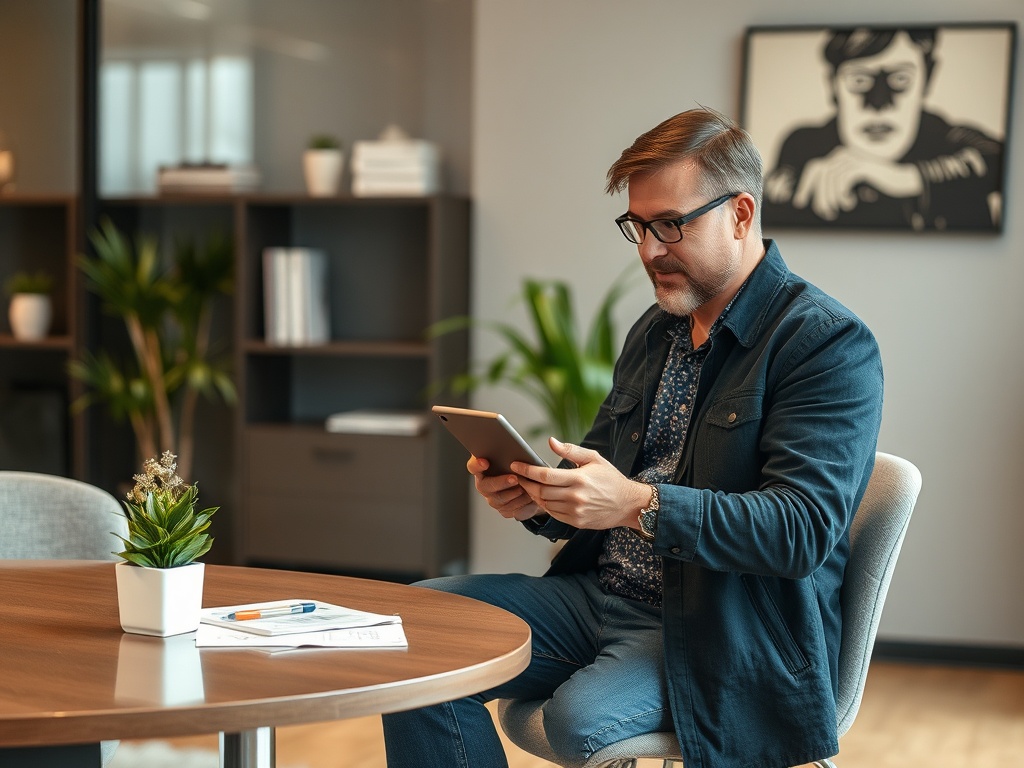 A man holds a tablet while sitting at a table in a modern office, with a plant and papers nearby.