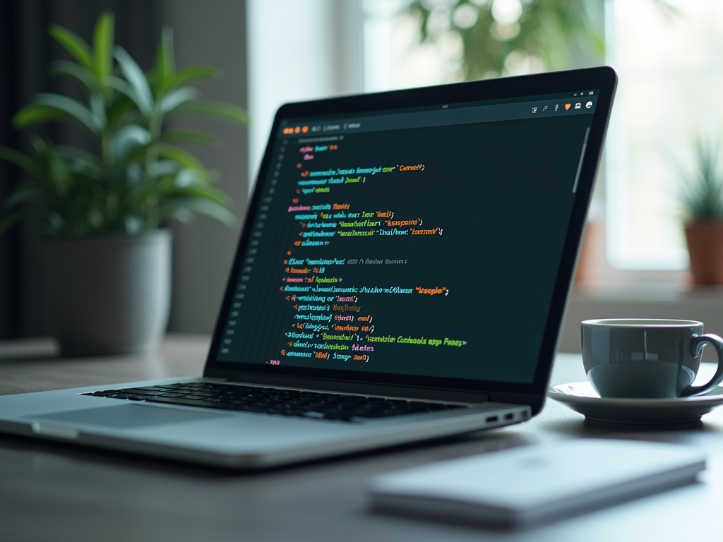 A laptop displaying code snippets, with a coffee cup and plant in the background, on a wooden table.