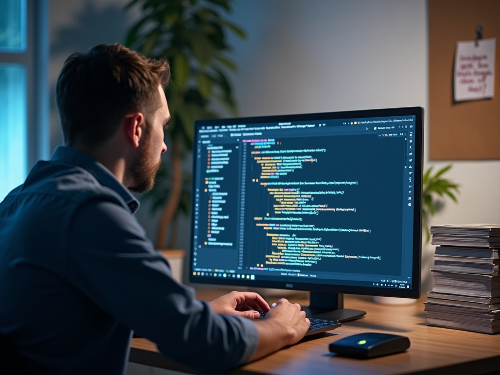 Man coding on a computer with a screen showing complex programming code in a softly lit office.