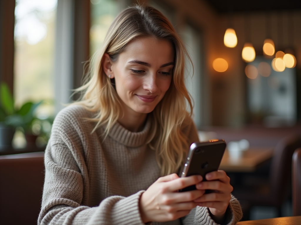 Smiling woman in a cozy sweater using smartphone at a cafe with warm lighting.