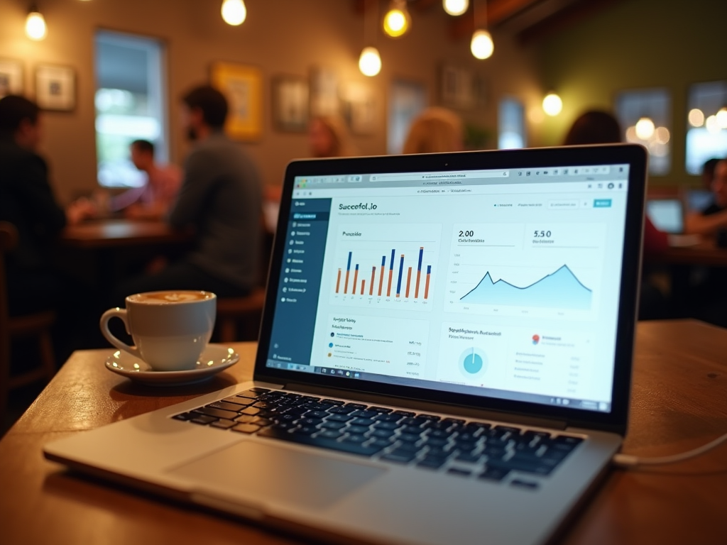 Laptop displaying graphs on screen with a cup of coffee on a table in a busy cafe.