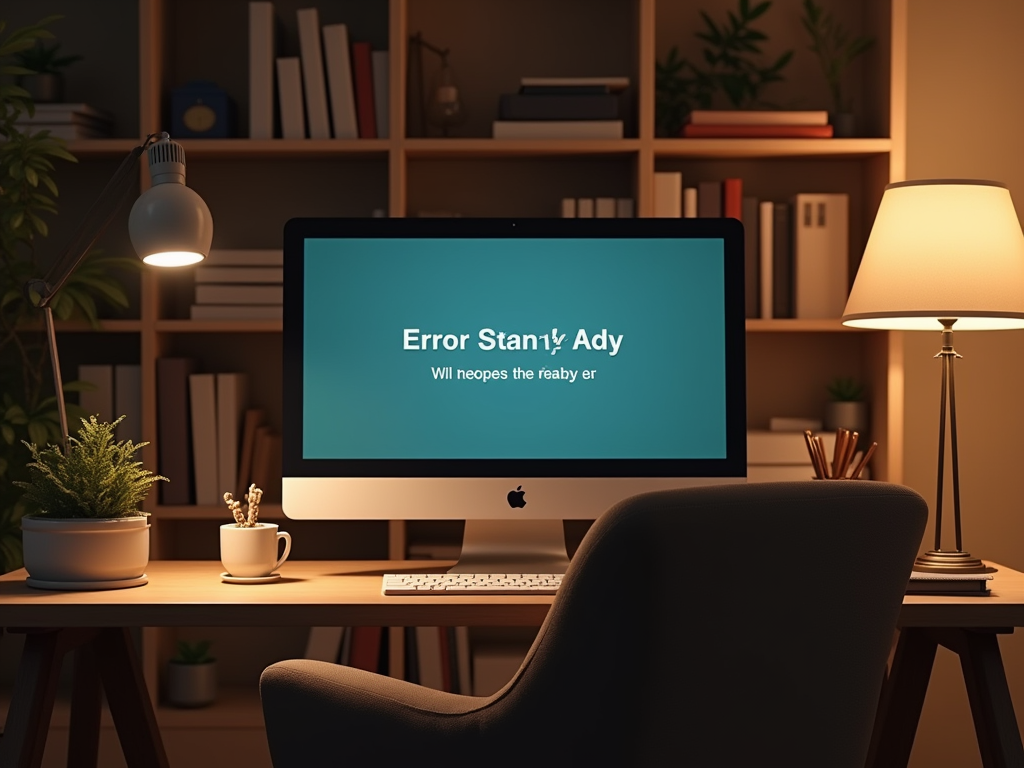 A computer screen displays an error message in a cozy workspace with bookshelves and desk accessories.