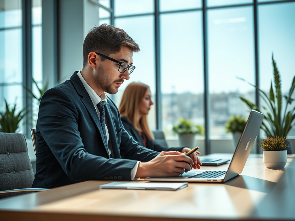 A man in a suit works on a laptop at a modern office desk while a woman sits nearby. Green plants in the background.