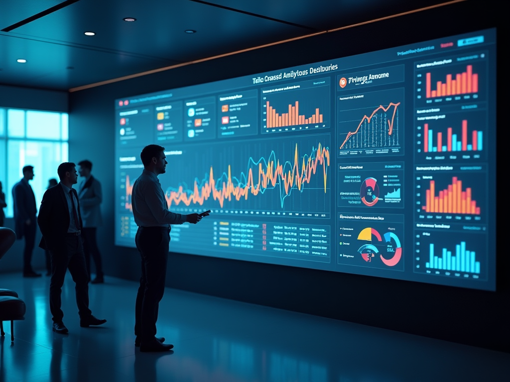 Professionals analyzing financial data on large digital screens in a modern office setting.