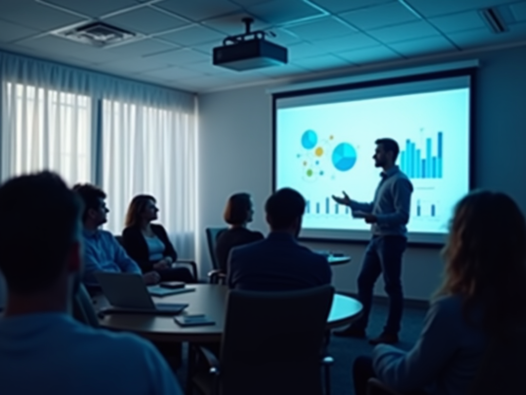 Man presenting data charts to a group of attentive colleagues in a dimly lit conference room.