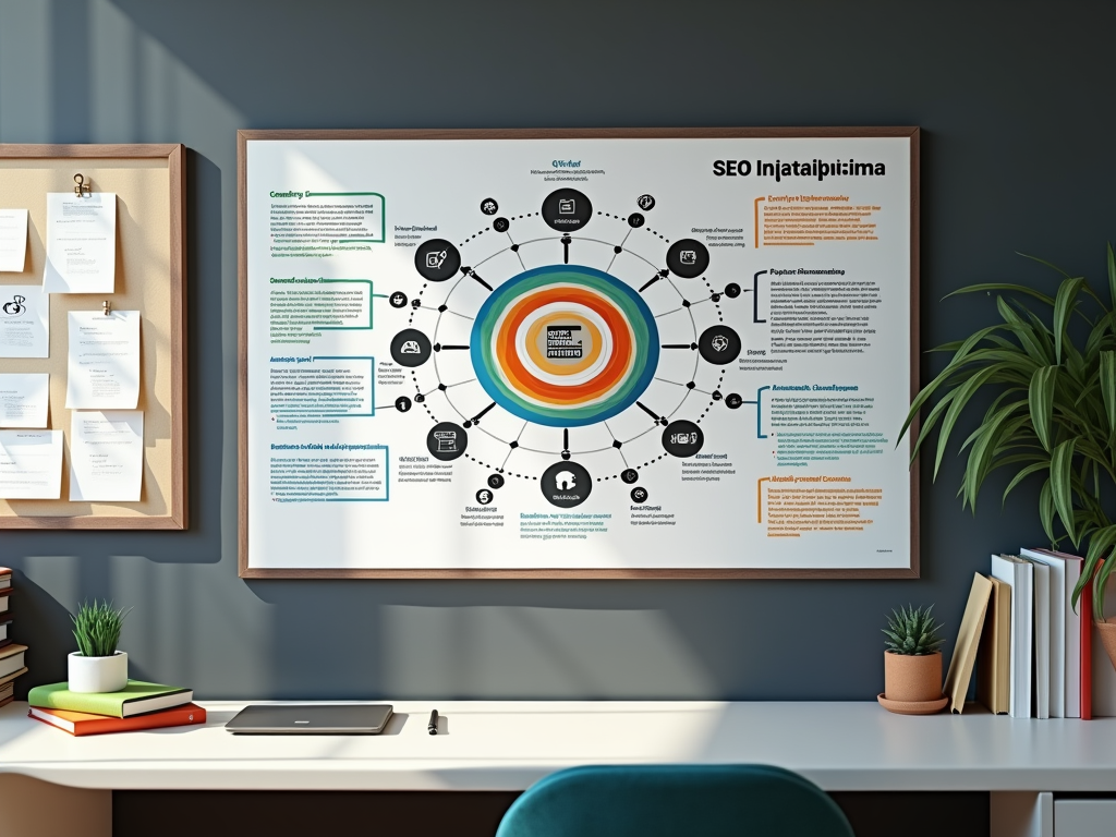 A home office with a large infographic about SEO displayed on the wall, a desk with tablet, books, and stationery.