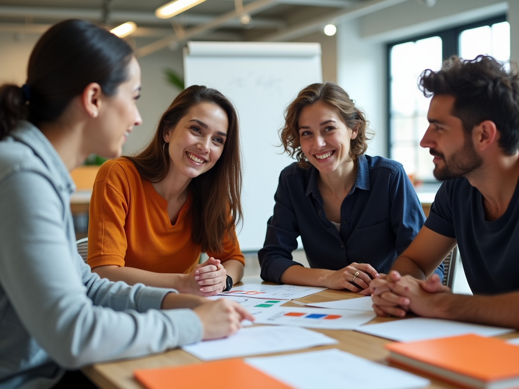 Four friends are engaged in a discussion at a table, sharing smiles and ideas over papers and charts in a bright room.