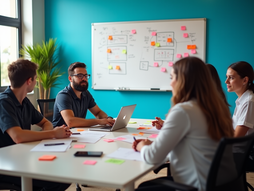 Team meets around a table with laptop and notes, discussing a project with a flowchart on the whiteboard.