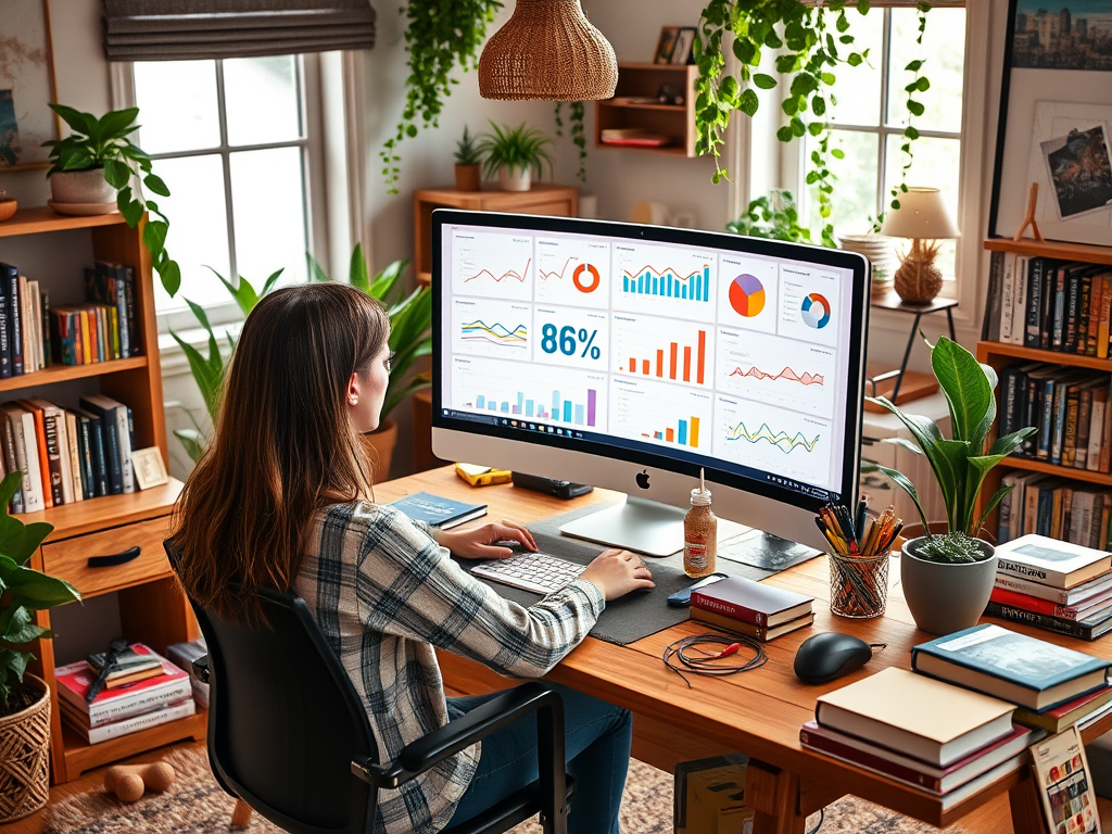 A woman works at a desk, analyzing data on a computer in a cozy, plant-filled home office. Books and supplies surround her.