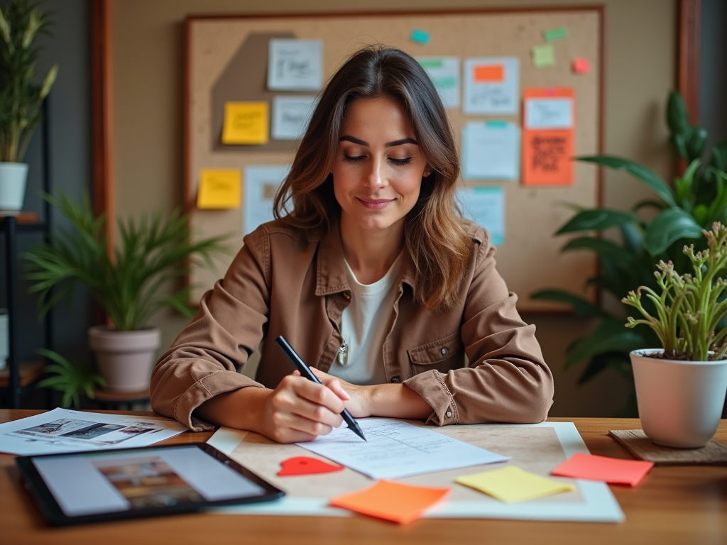 Woman writing notes at desk surrounded by colorful sticky notes and plant decorations.