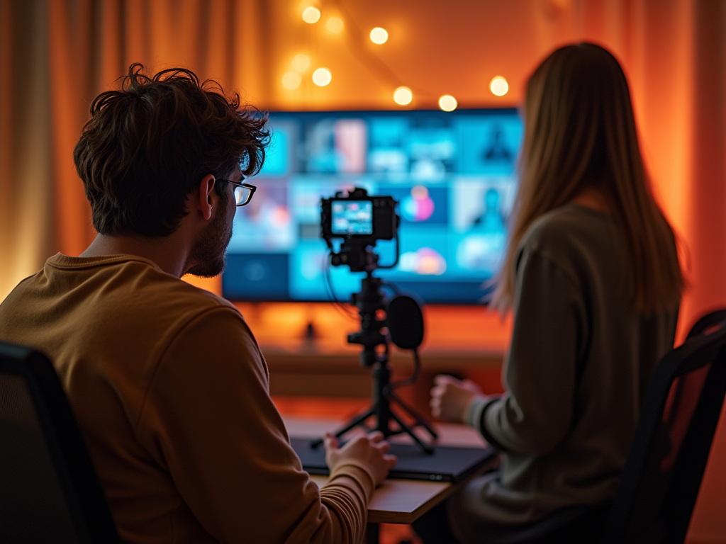 Two people recording a video podcast, with camera and screens displaying content in background.