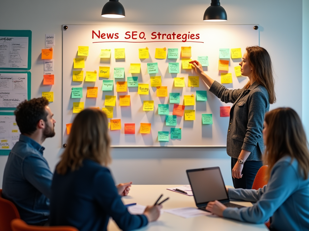 Team members collaborate around a board titled "News SEO Strategies" filled with colorful sticky notes.