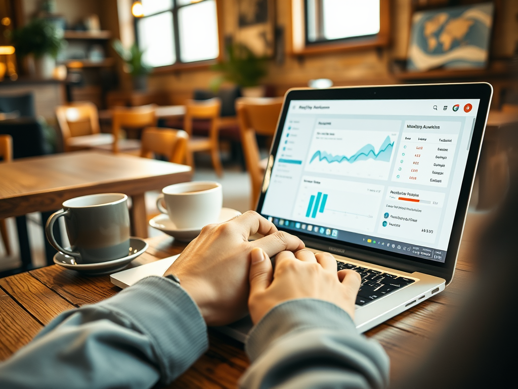 A person works on a laptop showing analytics, with coffee cups on a wooden table in a cozy café setting.