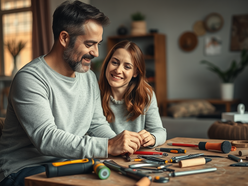 A couple smiles at each other while working on a craft project, surrounded by various tools on a table.