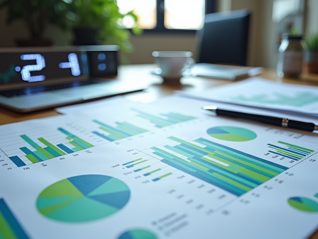 Blurred office desk with focus on colorful business charts and graphs, digital clock and plants in background.