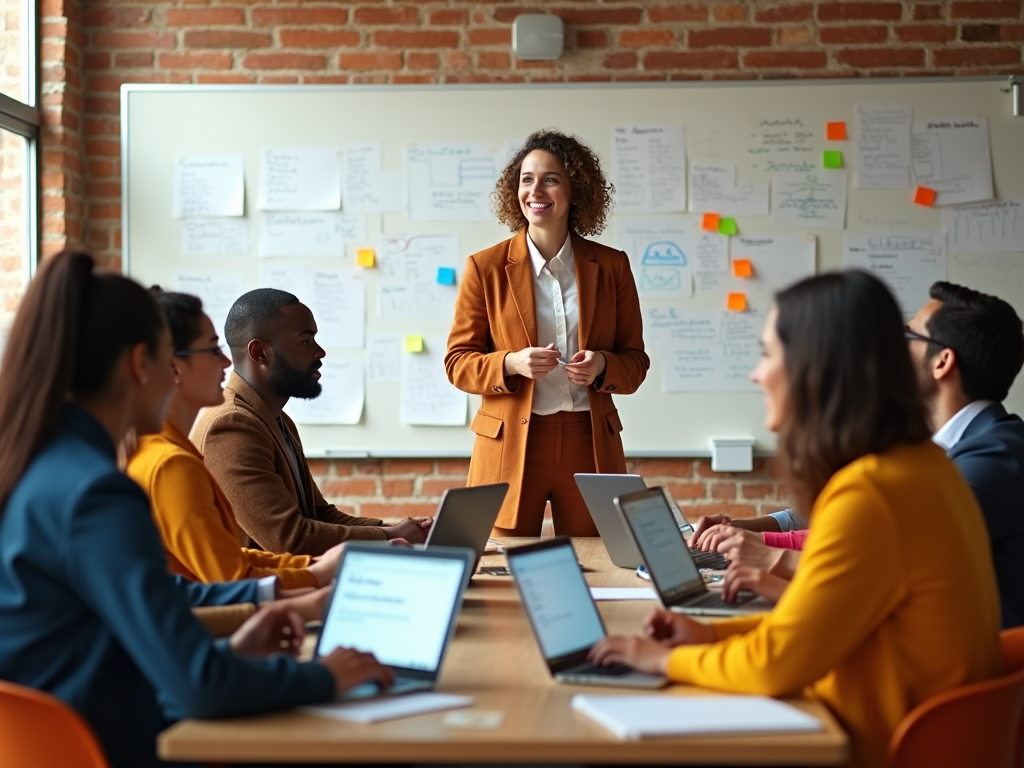 Businesswoman leading a meeting with diverse group of colleagues in a modern office.