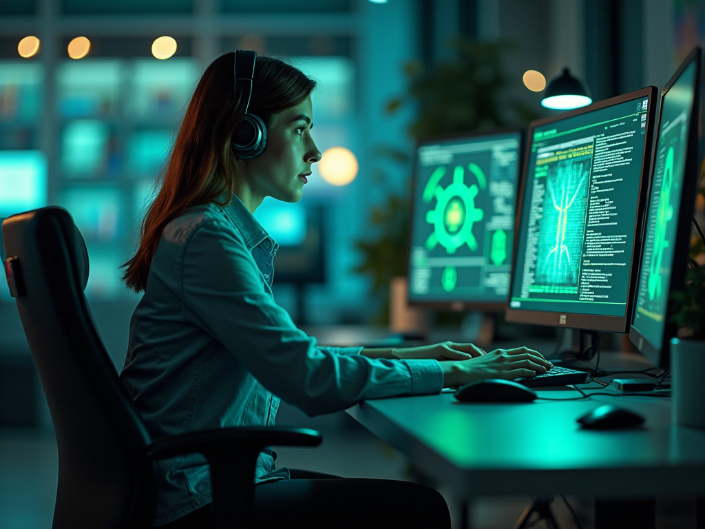 Woman with headphones working intensely on multiple screens in a tech-enhanced office at night.