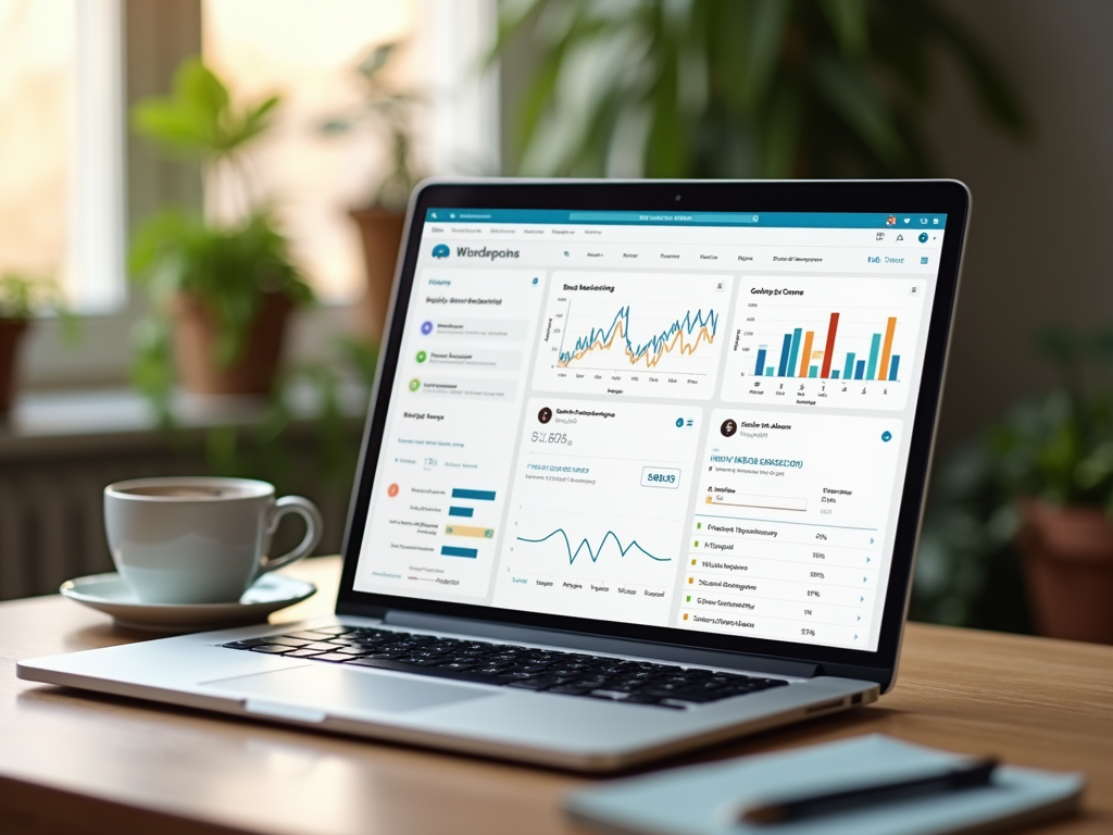 Laptop on desk displaying colorful financial graphs; coffee cup on the side.