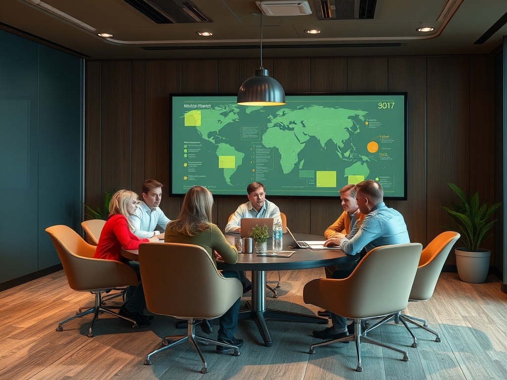 A group of six professionals collaborates in a modern conference room with a world map presentation displayed.