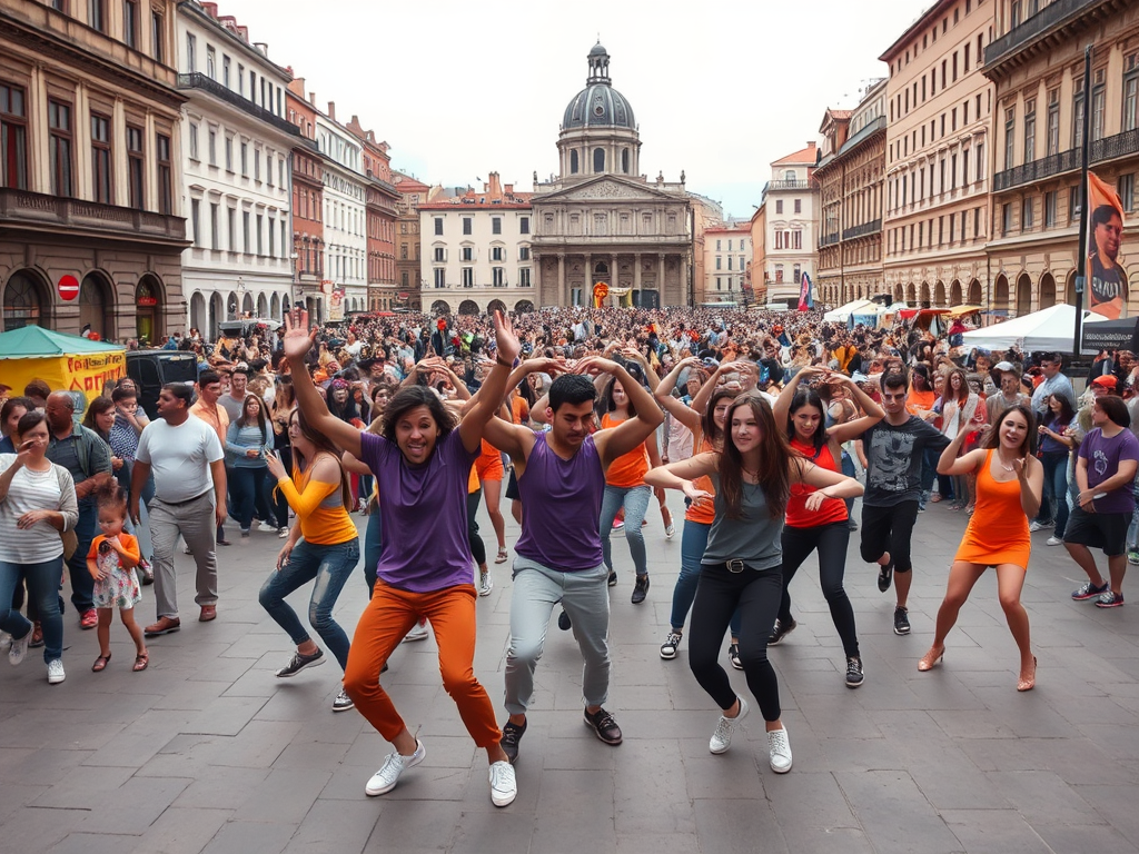A lively street dance event with performers in colorful outfits and a crowded urban backdrop.