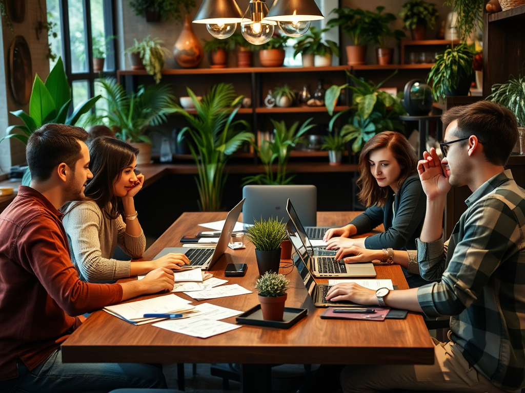 Four young adults collaborate at a wooden table surrounded by plants, using laptops and taking notes.