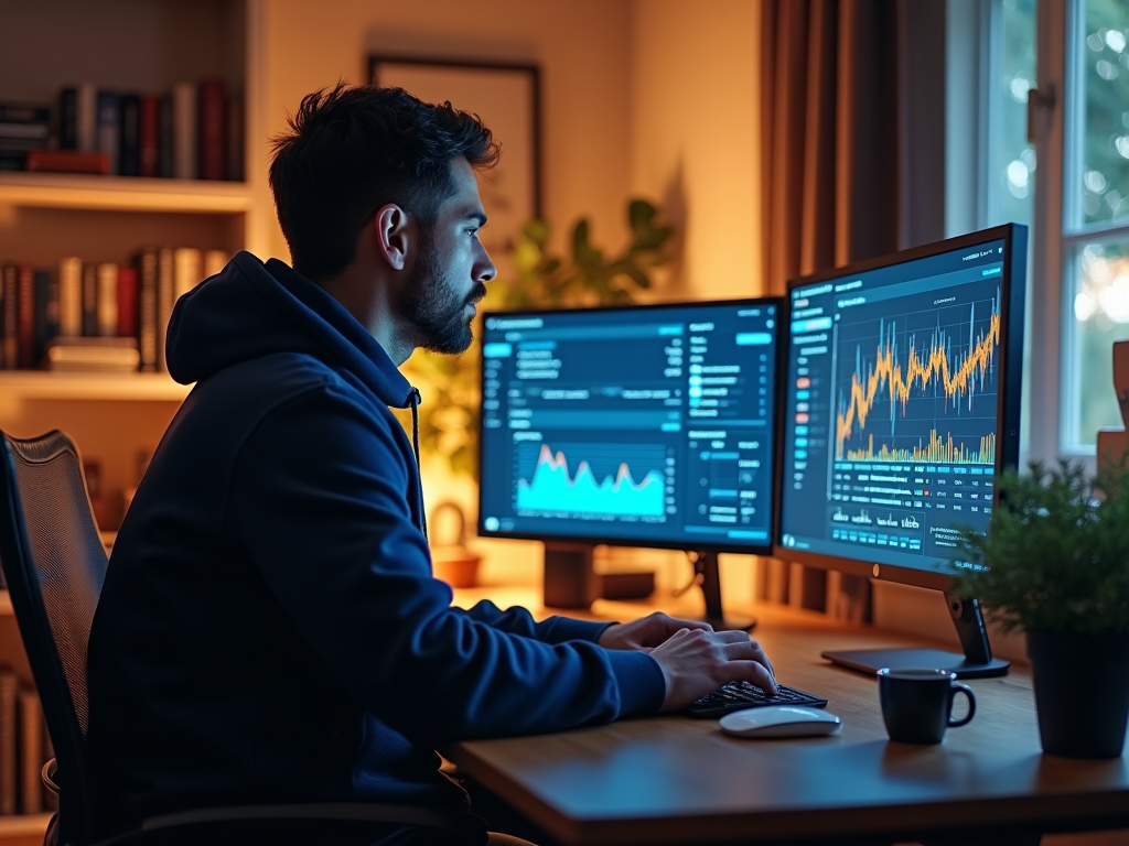 Man analyzing financial data on dual computer screens in a cozy home office at night.