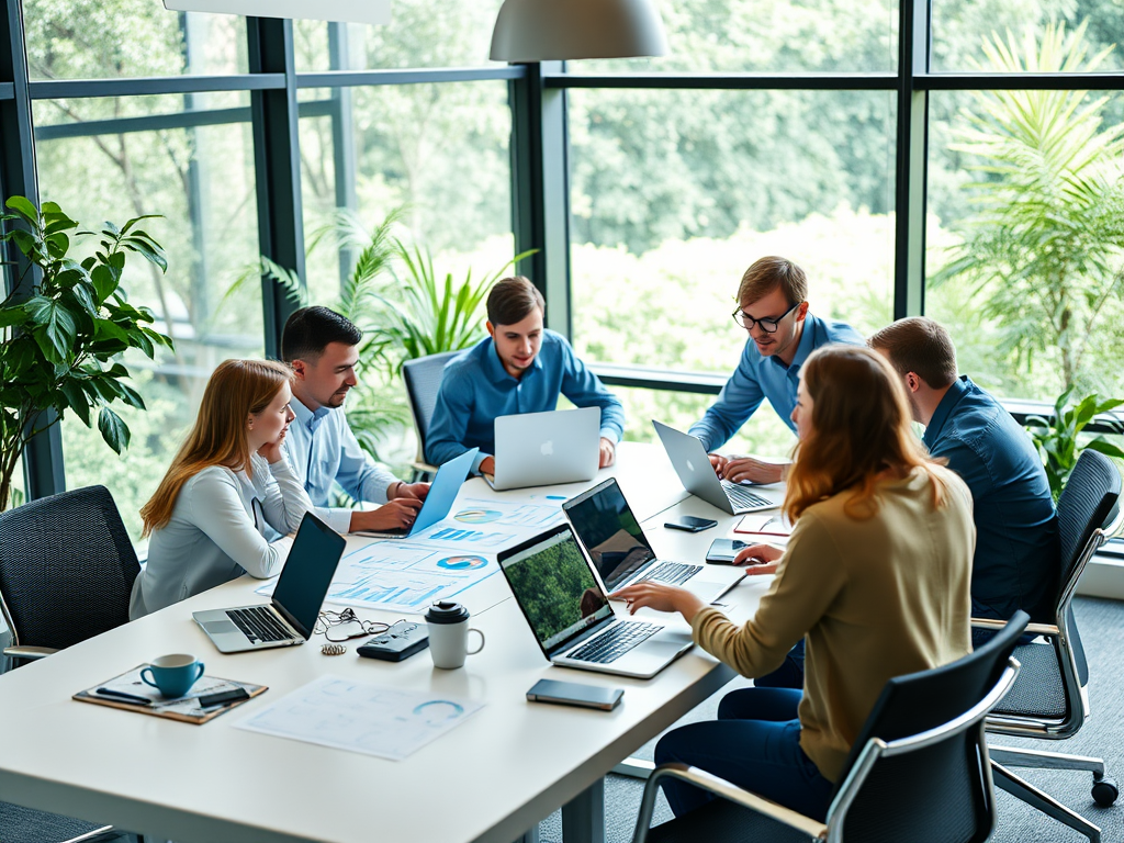 A group of six people collaborating around a conference table with laptops and charts in a bright office setting.