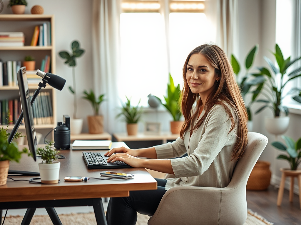 A woman sits at a desk in a bright room with plants, working on a computer and smiling at the camera.