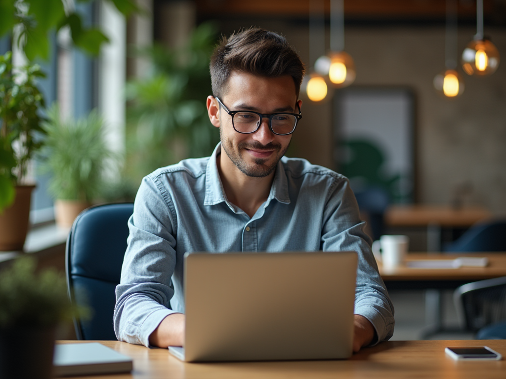 Smiling man in glasses using laptop at a cafe table, surrounded by plants and hanging lamps.