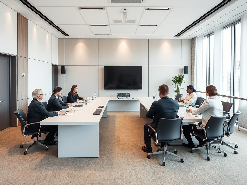 A meeting in a modern conference room with six people seated around a long table, discussing and presenting.
