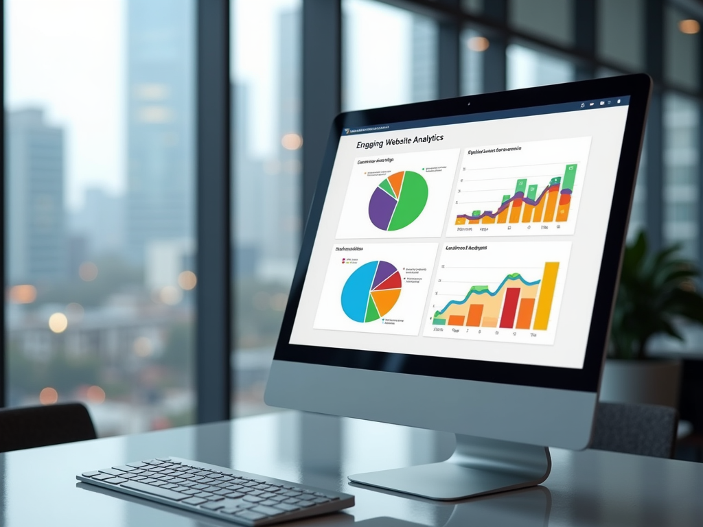 Computer screen displaying colorful graphs and charts on website analytics in an office setting with city view.