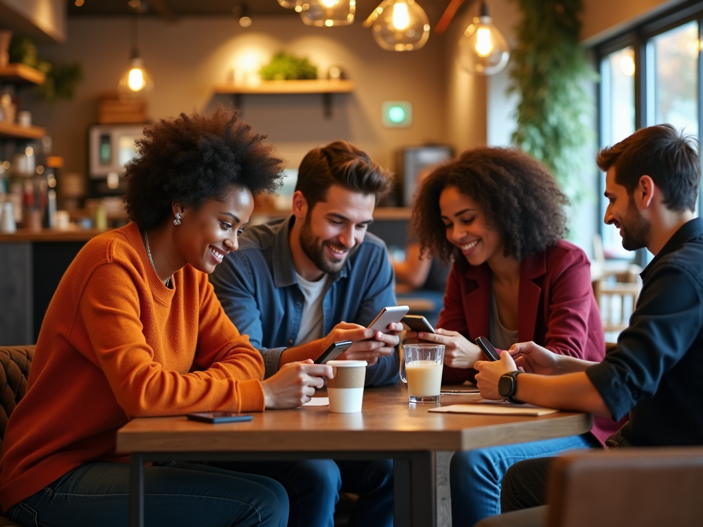 Four friends smiling and using smartphones at a cafe table.