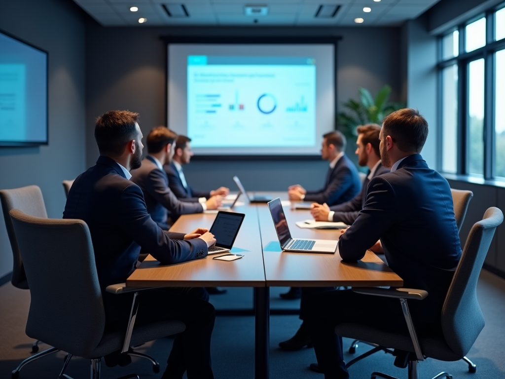 Business meeting in progress with executives viewing a presentation on a screen in a contemporary office.