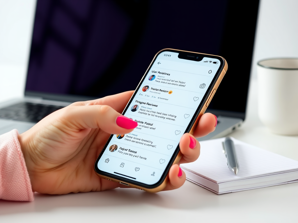 A hand holding a smartphone displays a social media feed, with a laptop and notepad in the background.