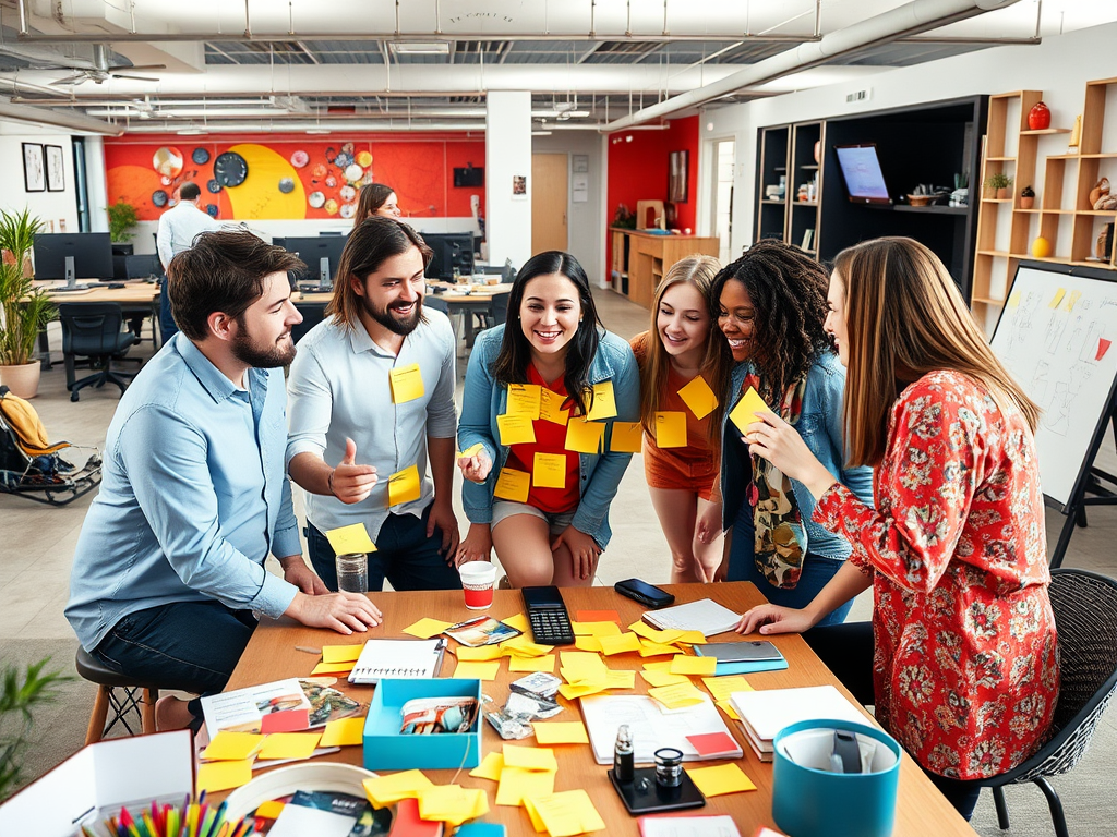 A group of smiling colleagues collaborates at a table covered with sticky notes in a bright office space.