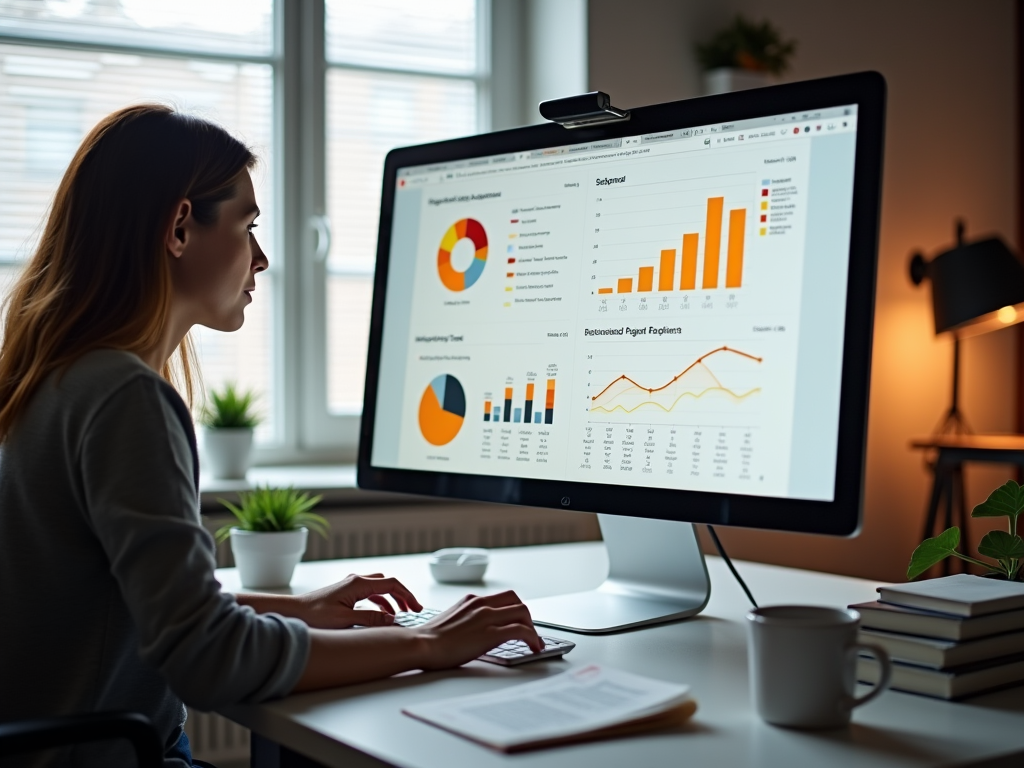 Woman analyzes sales data on a computer screen in a well-lit office.