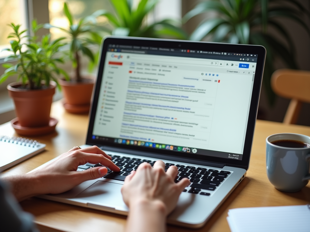 Person typing on a laptop with a coffee cup and plants nearby.