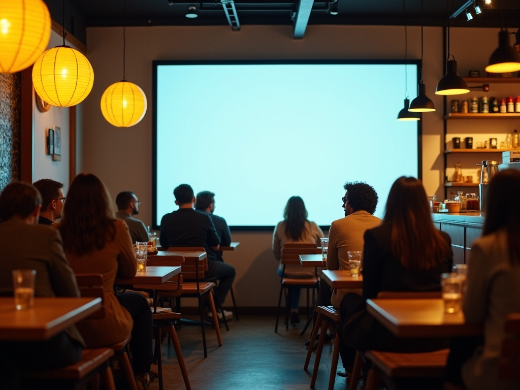 Audience in a dimly lit room watching a blank projection screen, with hanging lanterns above.