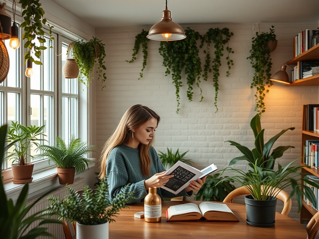 A woman sits at a wooden table, reading a book surrounded by plants in a cozy, well-lit room.